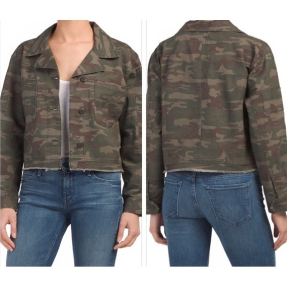 SANCTUARY Camo Cropped Jacket Button Down raw Hem Military Streetwear Women's M